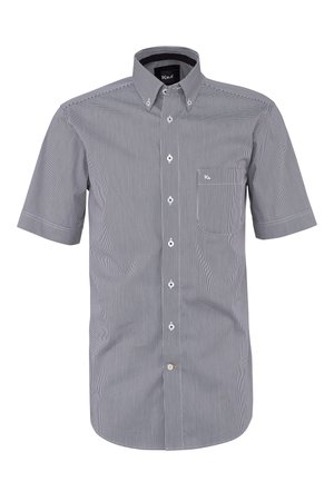 Kurzärmeliges Herrenhemd zum Zumachen mit schwarzem und weißem Mikro-Karomuster sowie Brusttasche mit kleinem Logo.