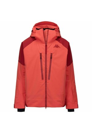 Giacca invernale rossa e rosso scuro con cappuccio, zip frontale, due tasche verticali sul petto, polsini regolabili e piccolo logo sul petto sinistro.