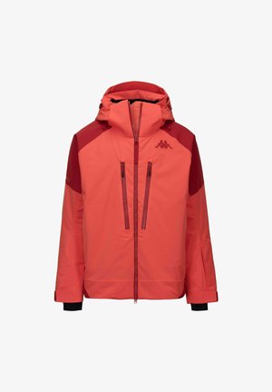 Veste d'hiver rouge et rouge foncé à capuche, fermeture éclair sur le devant, deux poches verticales sur la poitrine, poignets réglables et petit logo sur la poitrine gauche.