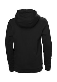 Sudadera con capucha negra de textura suave, que presenta un bolsillo tipo canguro, puños acanalados y un ajuste relajado. Se muestra vista trasera.