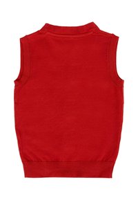 Maglione senza maniche rosso con scollo e bordo a coste, realizzato in morbido tessuto a maglia, con una texture liscia e senza motivi visibili.