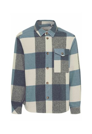 Gecontroleerd flanellen overhemd in blauw, teal en grijs met een knoopsluiting aan de voorkant, scherpe kraag en één borstzak. Voorzien van bruine knopen.