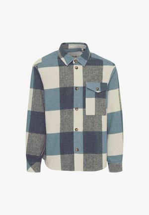 Camisa de franela a cuadros en azul, azul marino y gris con cierre de botones, collar puntiagudo y un bolsillo en el pecho. Presenta botones marrones.