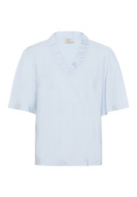 Blouse bleu clair à manches courtes avec un décolleté en V, ornée d'une bordure froncée autour du col et d'une coupe décontractée. Fabriquée dans un tissu doux.