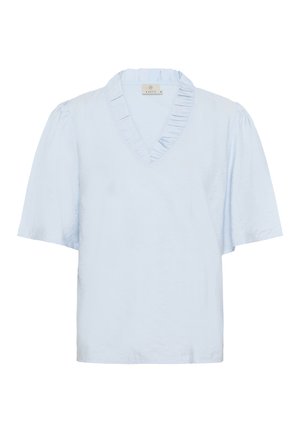 Šviesiai mėlyna trumpomis rankovėmis bluzonė su v-formos iškirpte, su raukiniais aplink apykaklę ir laisvu siluetu. Pagaminta iš minkštos medžiagos.