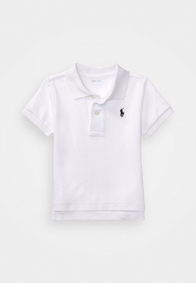 White short-sleeve polo shirt with collar and two buttons, featuring a small black embroidered logo on the left chest.