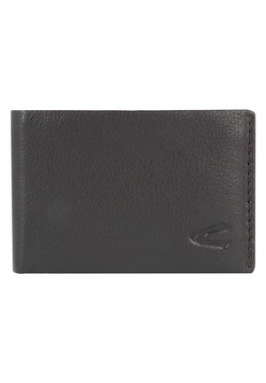 Black leather wallet with a textured surface, rectangular shape, and a subtle embossed logo on the front. Clean stitching along the edges.