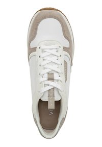 White and beige sneaker featuring a suede and mesh upper, round toe, flat laces, and a cushioned insole with "VIONIC" branding.