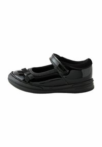 Chaussure Mary Jane en vernis noir avec un bout arrondi, une bride sur le pied et un nœud décoratif sur le devant ; semelle en caoutchouc texturé.