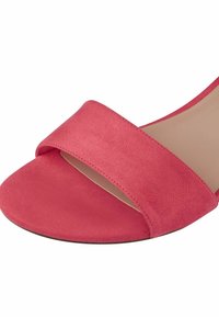 Sandale pour femme en daim rouge à bout ouvert, avec une large bride avant et une semelle intérieure beige.