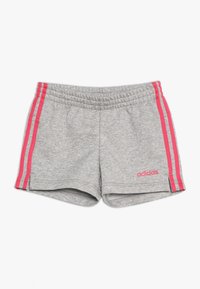 Gray athletic shorts with pink side stripes and an elastic waistband. Features "adidas" logo in pink on the lower left front.