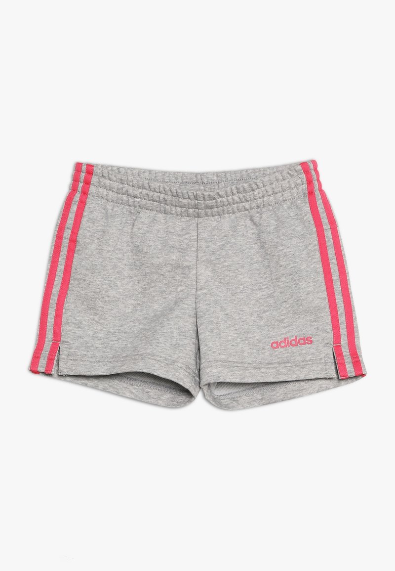 Gray athletic shorts with pink side stripes and an elastic waistband. Features "adidas" logo in pink on the lower left front.