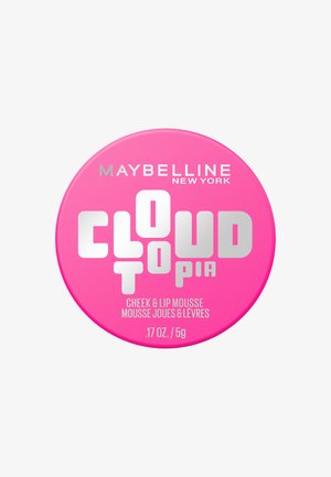 Heller pinker, runder Behälter der Maybelline New York Cloudtopia Wangen- und Lippenmousse, 0,17 oz / 5 g, mit silbernem Text auf dem Deckel.