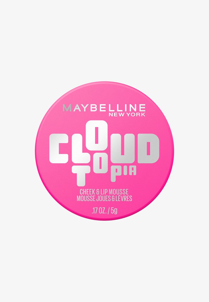 Felroze ronde verpakking van Maybelline New York Cloudtopia wang- en lipmousse, 0,17 oz / 5 g, met zilverkleurige tekst op het deksel.