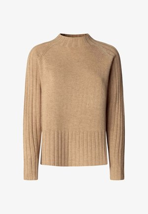 Maglione a coste beige con collo alto, maniche lunghe e orlo testurizzato. Il tessuto ha un aspetto morbido e liscio.