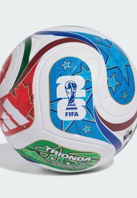 White soccer ball with colorful accents in red, green, blue, and brown. Features FIFA logo and star patterns, composite material.
