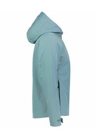 Light blue waterproof jacket with a hood, smooth texture, side zipper, adjustable cuffs, and a tailored side silhouette.