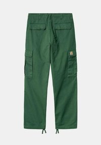 Donkergroene cargobroek gemaakt van stevig materiaal. Kenmerken zijn meerdere zakken, een relaxte pasvorm en trekkoorden aan de onderkant voor verstelbare lengte.