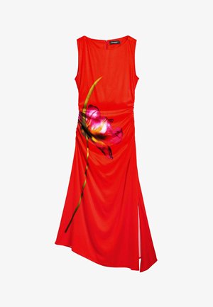 Rochie roșie cu imprimeu floral, având un gât în formă de bărcuță și o fanta pe lateral. Fabricată dintr-un material neted, cu un design strâns și detalii de plisare.