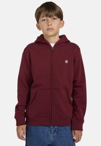 Sudadera con cremallera en color burdeos, fabricada en un material suave y con un bolsillo frontal. Presenta capucha y un pequeño logo en el pecho. Textura suave y corte casual.