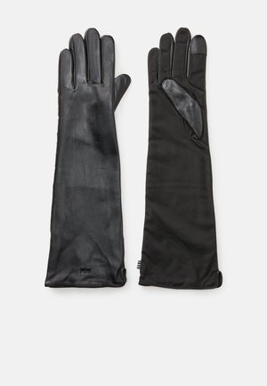 Pair of long black gloves, one showing smooth leather exterior, the other showing fabric back with leather palm and fingertip patches.