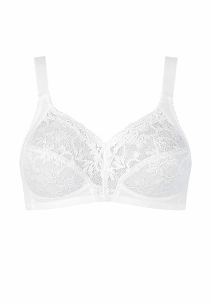 Reggiseno in pizzo bianco con motivi floreali, spalline regolabili e senza ferretto, progettato per comfort e supporto.