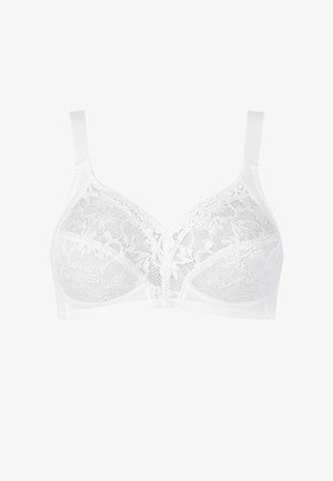 Reggiseno in pizzo bianco con motivi floreali, spalline regolabili e senza ferretto, progettato per comfort e supporto.