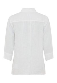White linen three-quarter sleeve shirt with a collar, pleating detail at the back, and rolled cuffs. Soft texture and lightweight design.