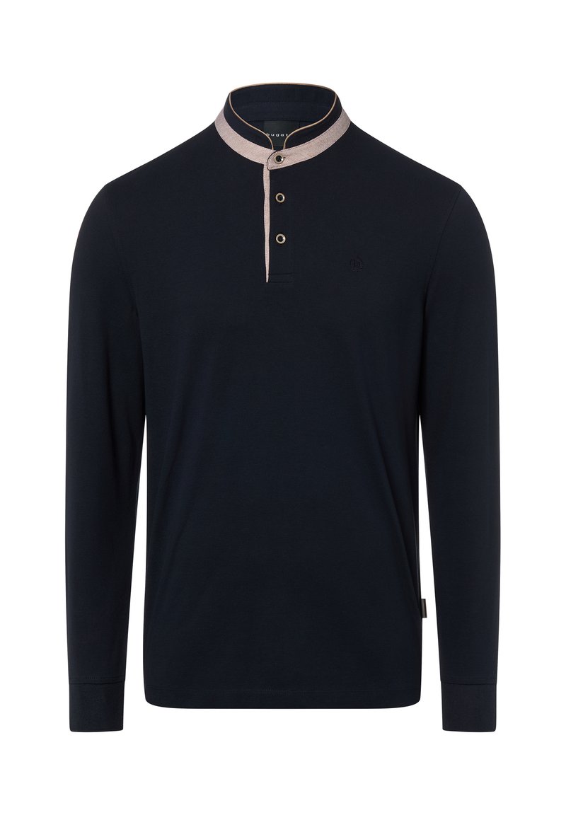 Granatowa koszulka polo z długim rękawem, z kontrastującym kołnierzykiem, dwuknopkową plisą i subtelnym logo. Miękka tkanina i dopasowany krój.