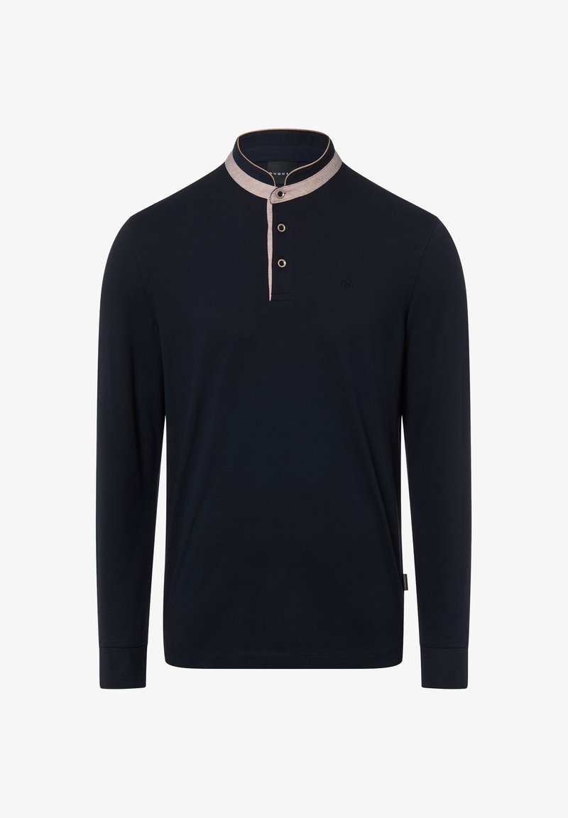Granatowa koszulka polo z długim rękawem, z kontrastującym kołnierzykiem, dwuknopkową plisą i subtelnym logo. Miękka tkanina i dopasowany krój.