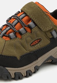 Wanderschuh aus olivgrünem Wildleder mit schwarzen Akzenten. Verfügt über orangefarbenes Mesh und graue Riemen sowie eine robuste schwarze Gummisohle.