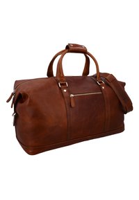 Rjava usnjena torba za potovanje z dvema ročajema, stranskim žepom, srebrno kovinsko opremo in gladko teksturo. Zadrga ob vrhu za zapiranje.