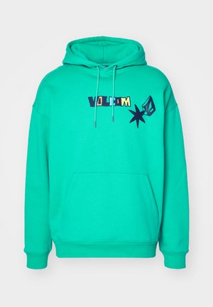 Hoodie turquoise avec une poche avant, capuche à cordon et logo "VOLCOM" imprimé avec un détail en étoile. Matière en coton, coupe standard.