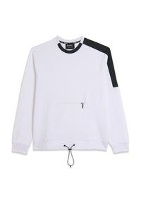 Felpa bianca con accenti neri sulle spalle, tasca con zip sul davanti e cordino regolabile all'orlo. Materiale in cotone.