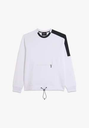 Felpa bianca con accenti neri sulle spalle, tasca con zip sul davanti e cordino regolabile all'orlo. Materiale in cotone.