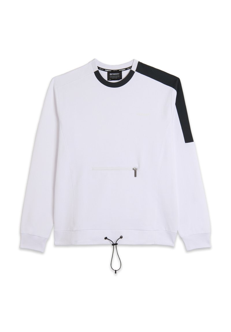 Felpa bianca con accenti neri sulle spalle, tasca con zip sul davanti e cordino regolabile all'orlo. Materiale in cotone.