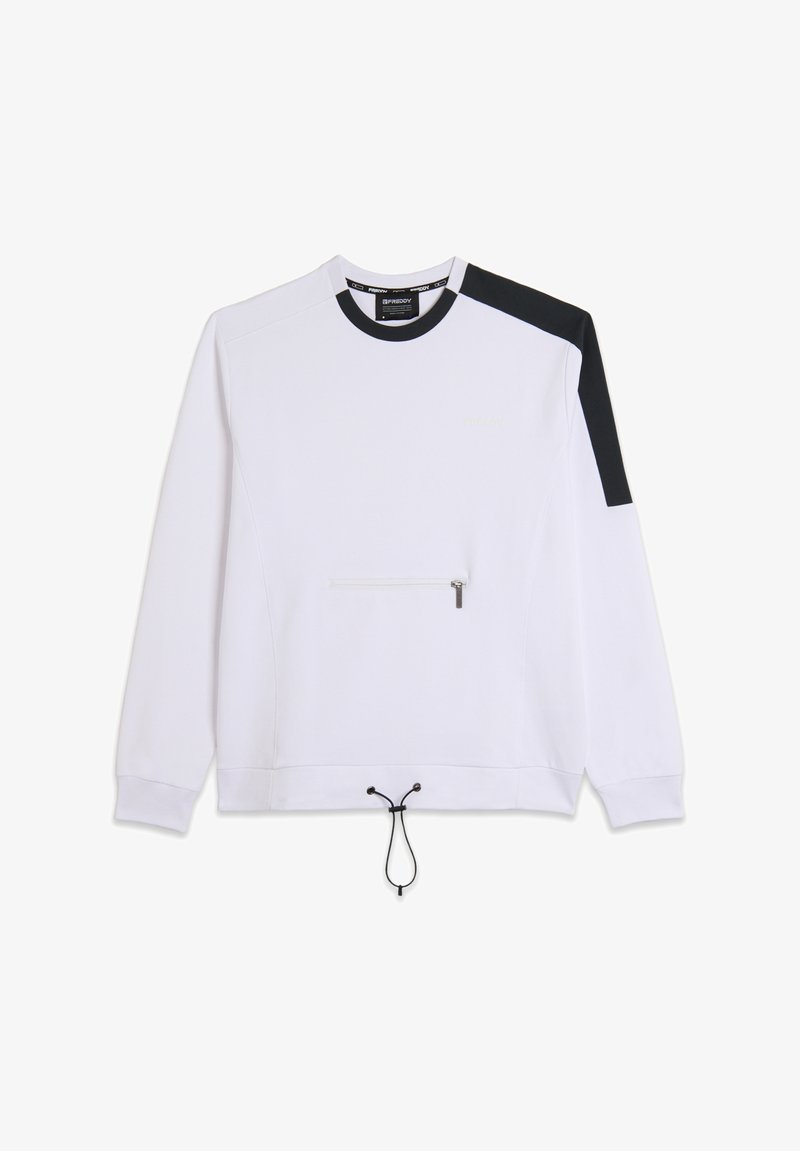 Felpa bianca con accenti neri sulle spalle, tasca con zip sul davanti e cordino regolabile all'orlo. Materiale in cotone.