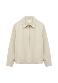 Beige zip-up jack met een kraag, twee voorkeurs, en geribbelde manchetten. Glad materiaal met een gestructureerde afwerking. Geschikt voor casual wear.