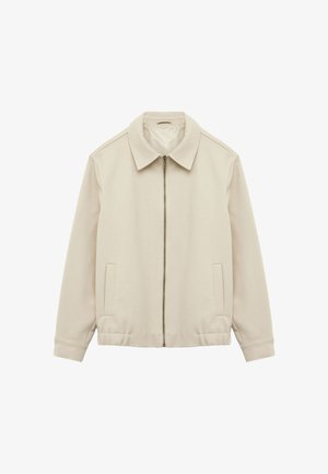 Veste zippée beige avec un col, deux poches avant et des poignets côtelés. Tissu lisse avec une finition texturée. Convient pour une tenue décontractée.