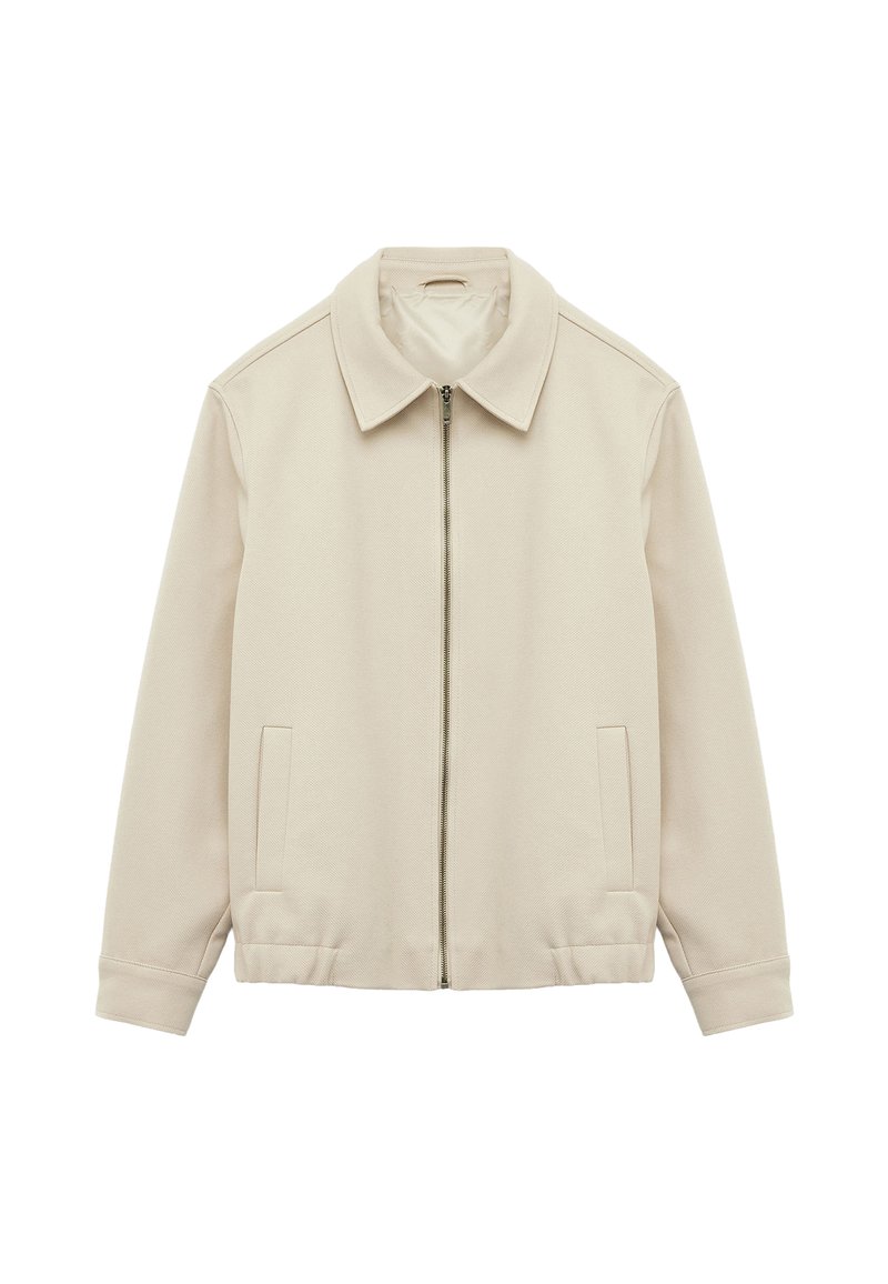 Beige zip-up jack met een kraag, twee voorkeurs, en geribbelde manchetten. Glad materiaal met een gestructureerde afwerking. Geschikt voor casual wear.