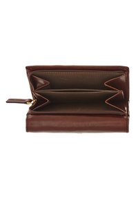 Portafoglio in pelle marrone con superficie testurizzata, dotato di due scomparti e una sezione con zip, aperto per mostrare i dettagli interni.