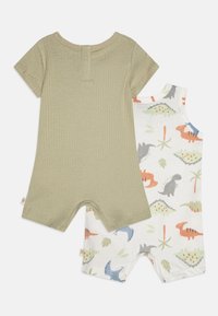 Grønn ribbet bodysuit med korte ermer og knapp bak, kombinert med en hvit bodysuit med et fargerikt dinosaurmønster og korte ben.