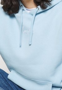 Light blue hoodie made of soft fabric featuring a kangaroo pocket, adjustable drawstrings, and subtle white embroidery on the chest.