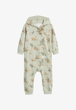 Body pour bébé vert clair avec capuche, boutons-pression sur le côté, poche avant, et motif renard et fougère partout.