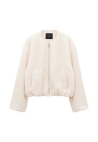 Chaqueta bomber de forro polar en rosa claro, con cremallera frontal, dobladillo corto y dos bolsillos laterales con textura acanalada.