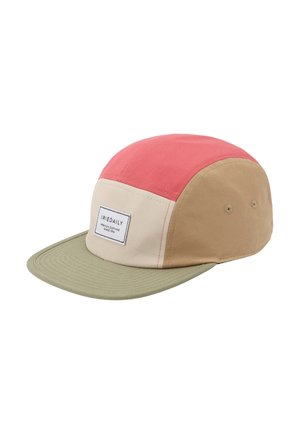 Five-panel cap with olive green brim, tan side panels, beige front panel with label, and red top panel.