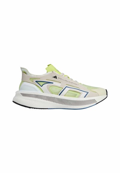 Lightweight sneaker with a cream and lime green mesh upper, blue and black accents, and textured sole featuring a striped pattern.