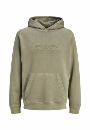 Felpa con cappuccio verde oliva con tasca frontale e testo sbiadito "Jack & Jones Premium" sul petto.