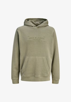 Felpa con cappuccio verde oliva con tasca frontale e testo sbiadito "Jack & Jones Premium" sul petto.