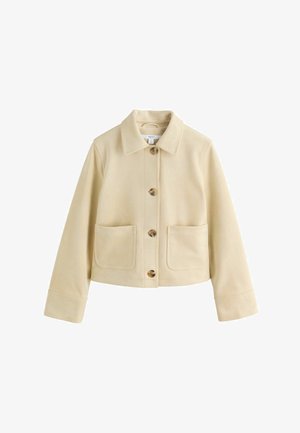 Béžová bunda s gombíkmi, širokým golierom, dvoma prednými nášivkovými vreckami a dlhými rukávmi, zobrazená na bielom pozadí.